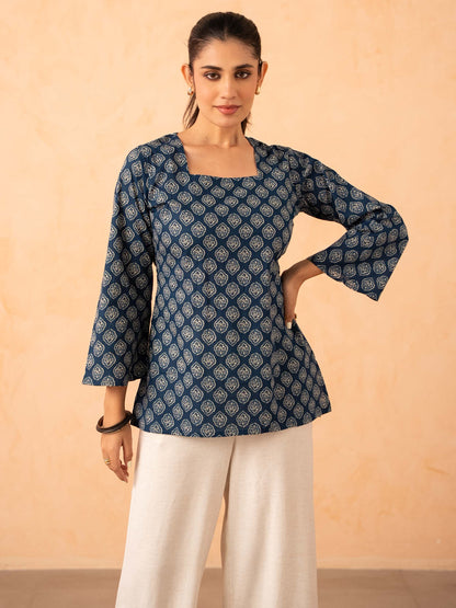 Navy Blue Printed Top with Bell Sleeves and Corset Back