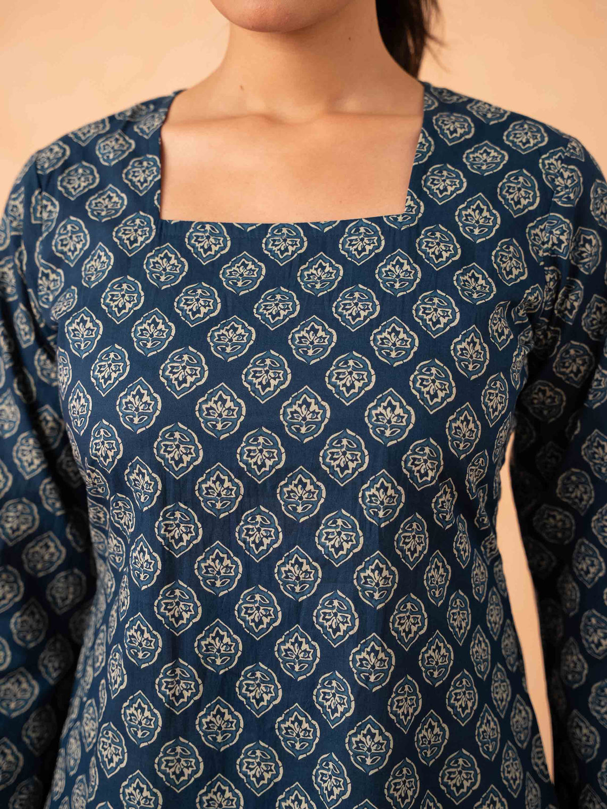 Navy Blue Printed Top with Bell Sleeves and Corset Back