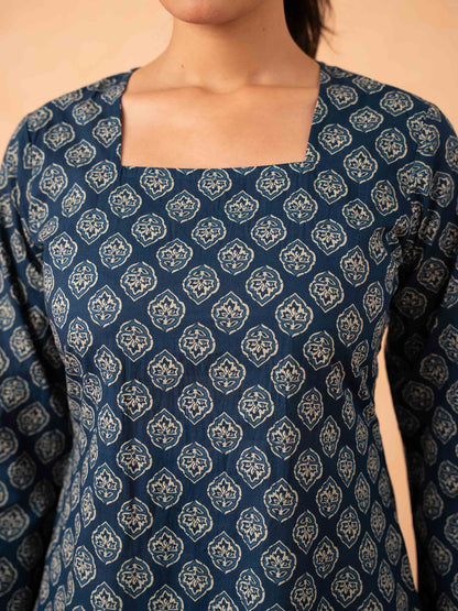 Navy Blue Printed Top with Bell Sleeves and Corset Back