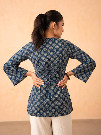 Navy Blue Printed Top with Bell Sleeves and Corset Back