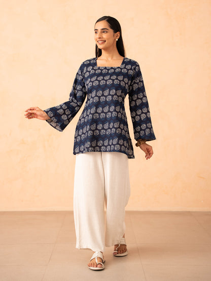Navy Blue Printed Top with Bell Sleeves and Corset Back