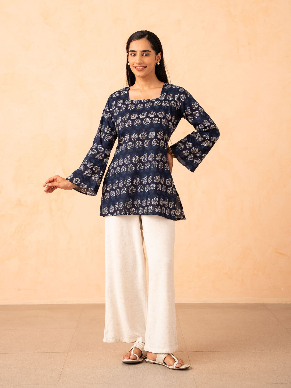 Navy Blue Printed Top with Bell Sleeves and Corset Back