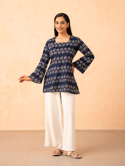 Navy Blue Printed Top with Bell Sleeves and Corset Back