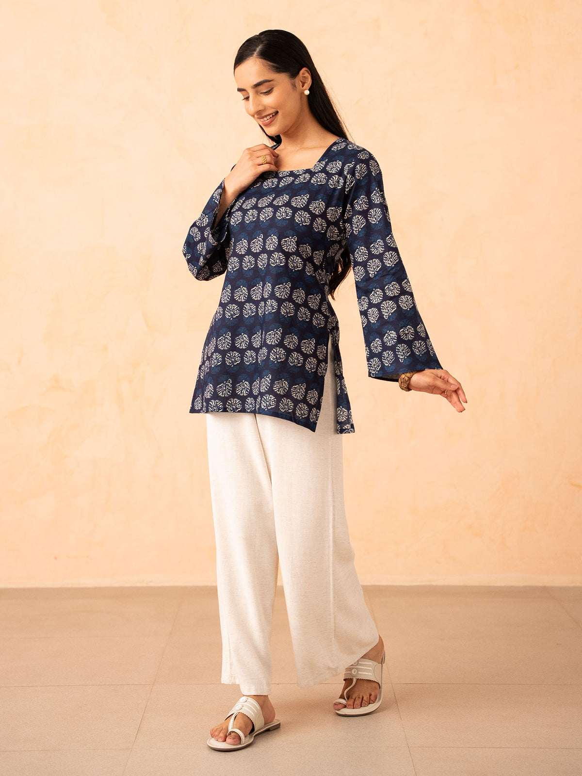 Navy Blue Printed Top with Bell Sleeves and Corset Back