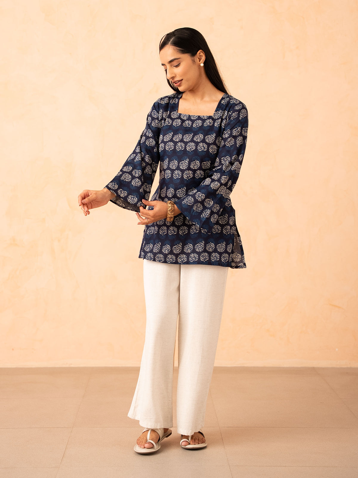 Navy Blue Printed Top with Bell Sleeves and Corset Back