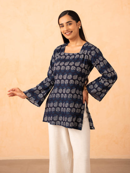 Navy Blue Printed Top with Bell Sleeves and Corset Back