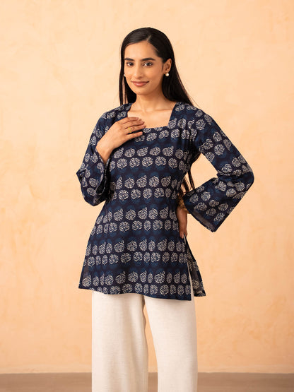 Navy Blue Printed Top with Bell Sleeves and Corset Back