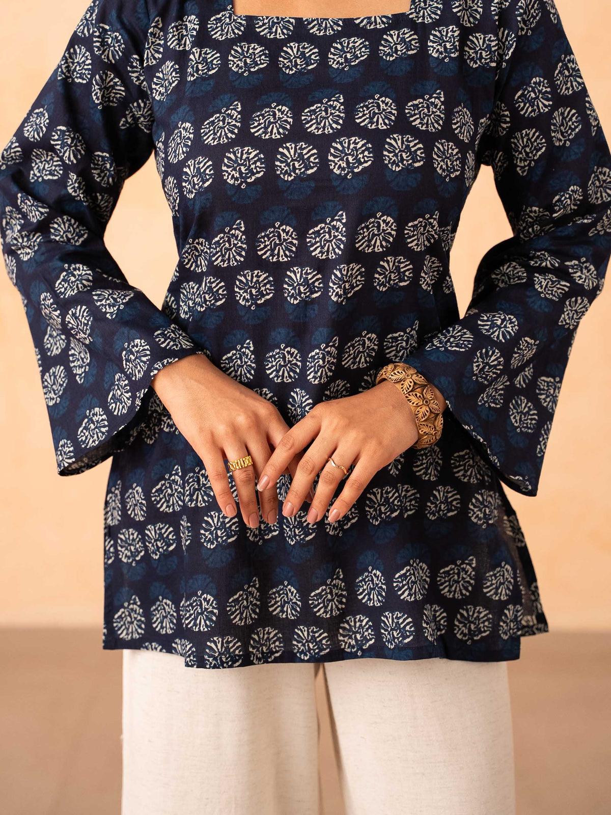 Navy Blue Printed Top with Bell Sleeves and Corset Back