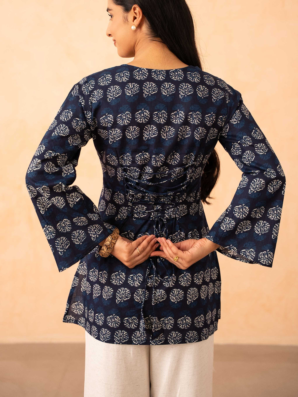 Navy Blue Printed Top with Bell Sleeves and Corset Back
