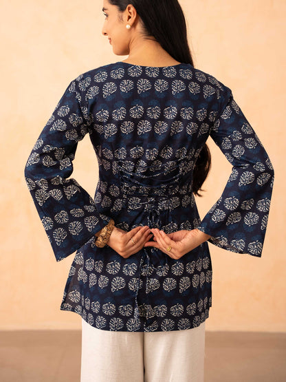 Navy Blue Printed Top with Bell Sleeves and Corset Back