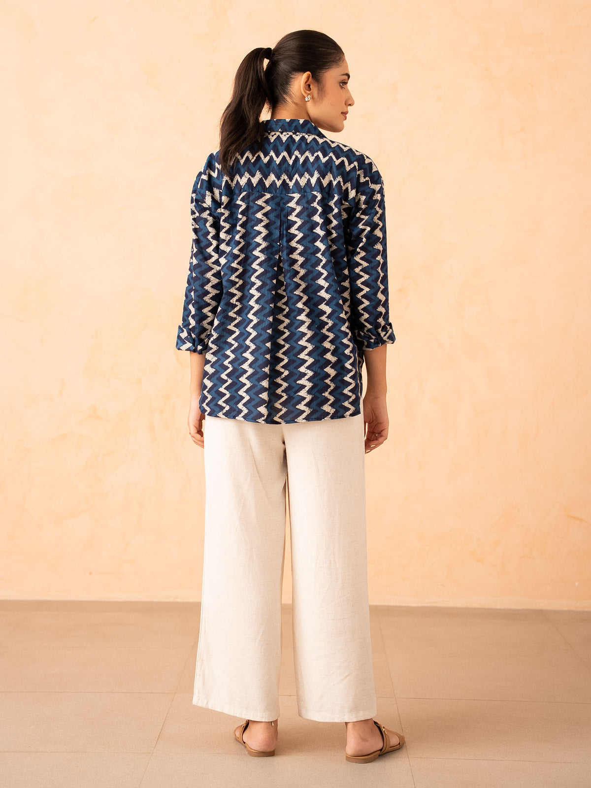 Navy Blue Chevron Print Relaxed Cotton Shirt
