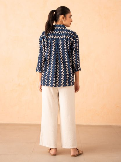 Navy Blue Chevron Print Relaxed Cotton Shirt
