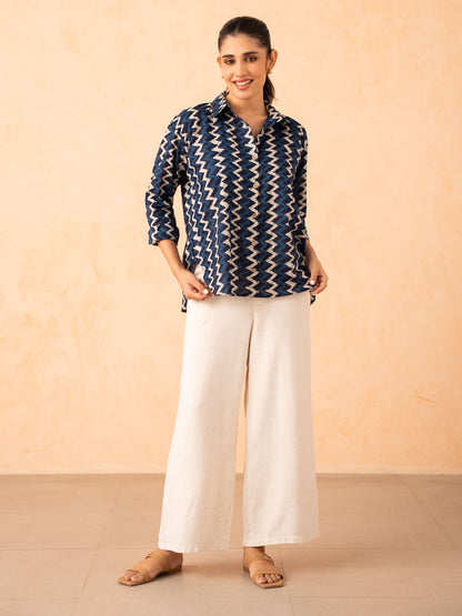 Navy Blue Chevron Print Relaxed Cotton Shirt