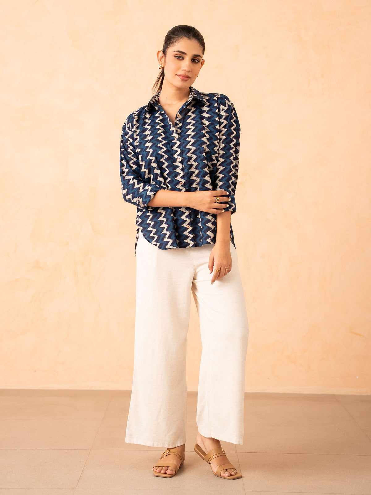 Navy Blue Chevron Print Relaxed Cotton Shirt
