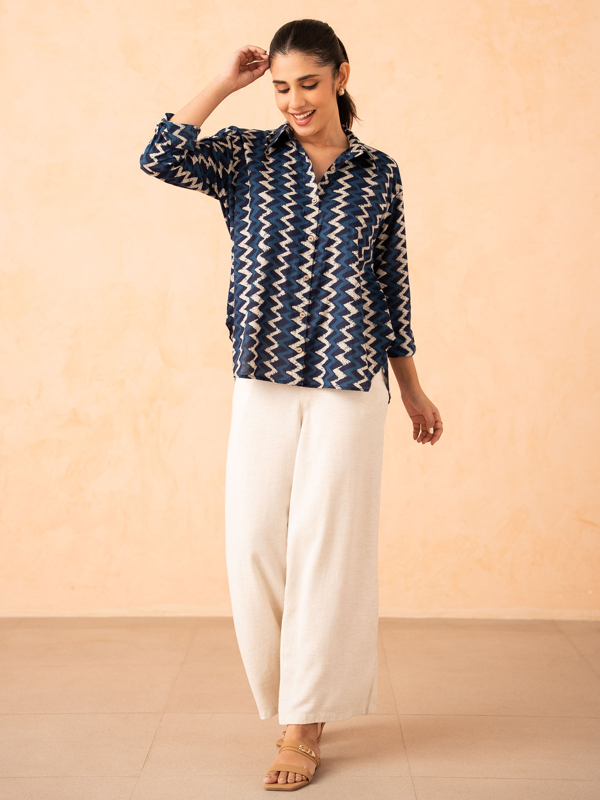 Navy Blue Chevron Print Relaxed Cotton Shirt