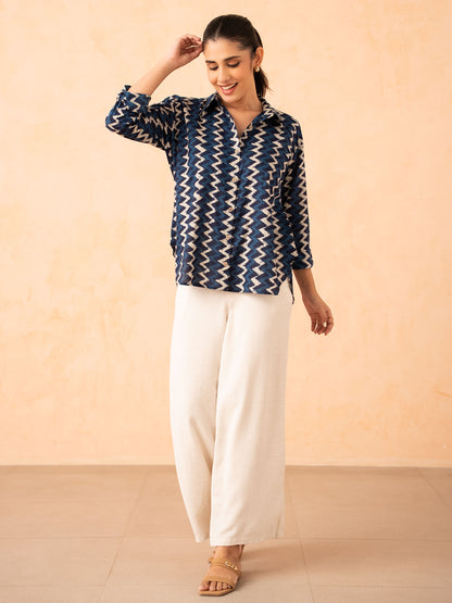 Navy Blue Chevron Print Relaxed Cotton Shirt