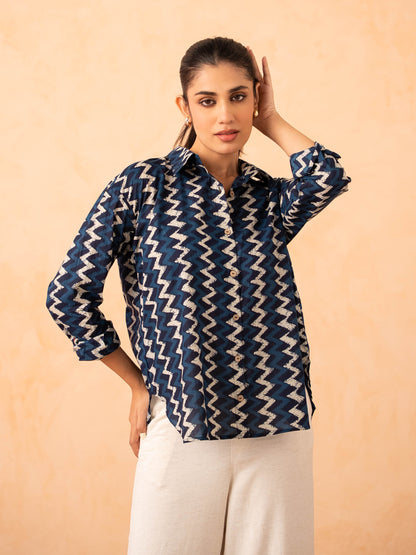 Navy Blue Chevron Print Relaxed Cotton Shirt