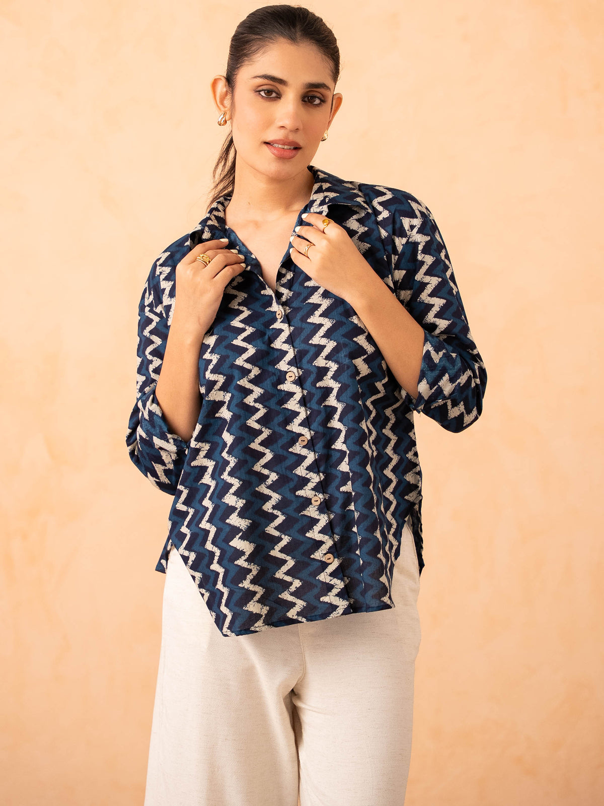 Navy Blue Chevron Print Relaxed Cotton Shirt