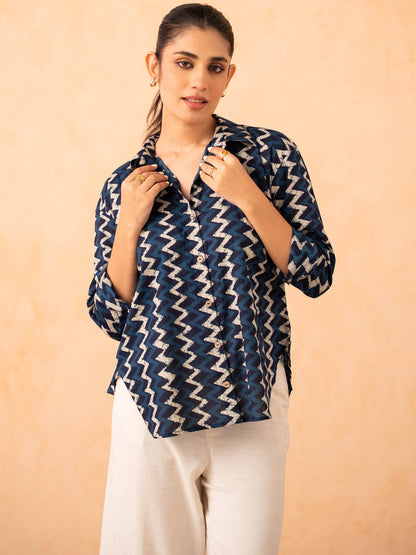 Navy Blue Chevron Print Relaxed Cotton Shirt