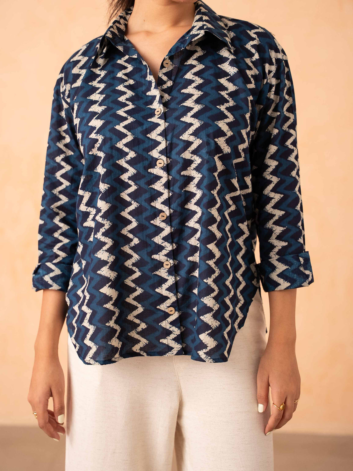 Navy Blue Chevron Print Relaxed Cotton Shirt