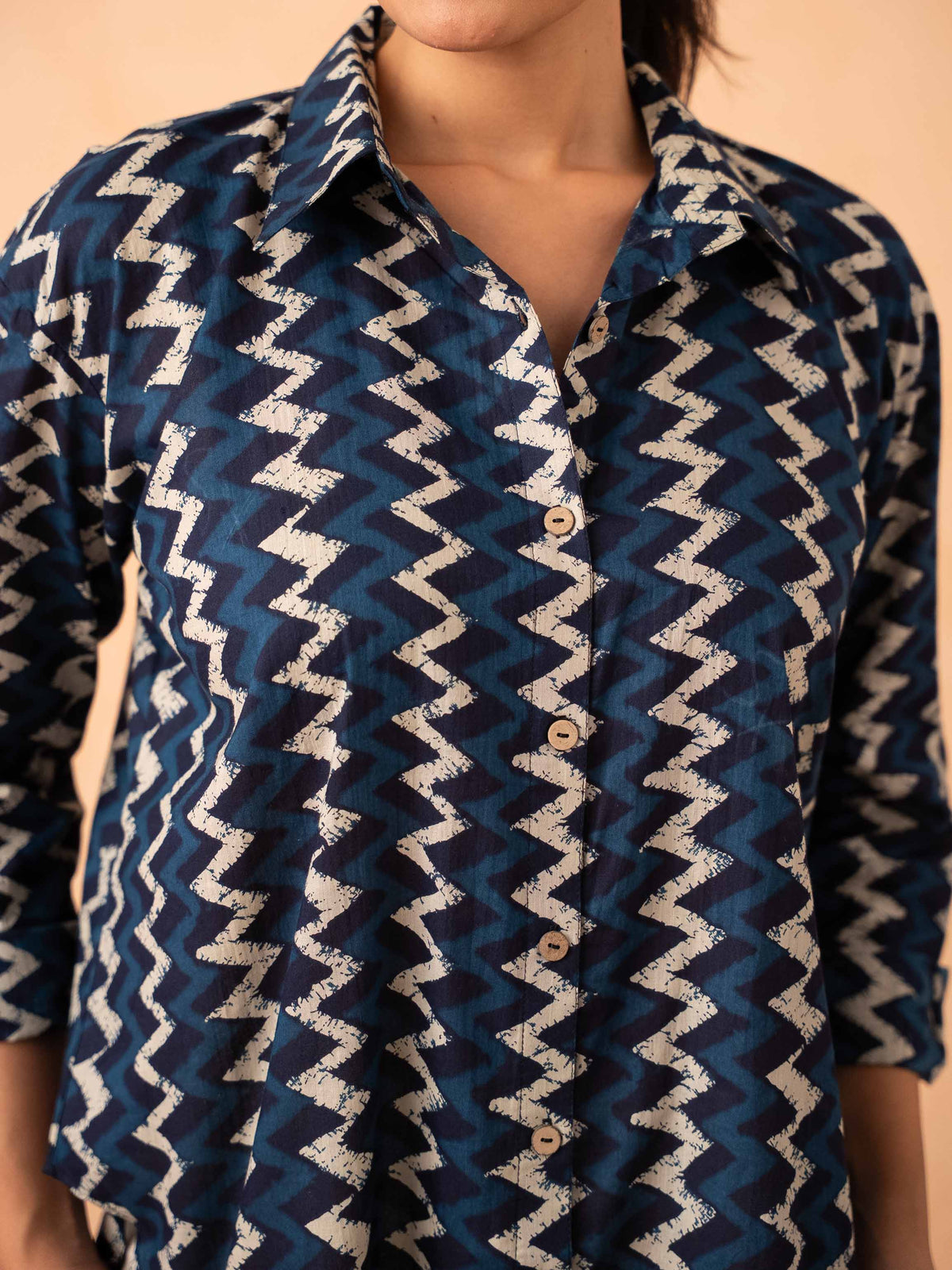 Navy Blue Chevron Print Relaxed Cotton Shirt