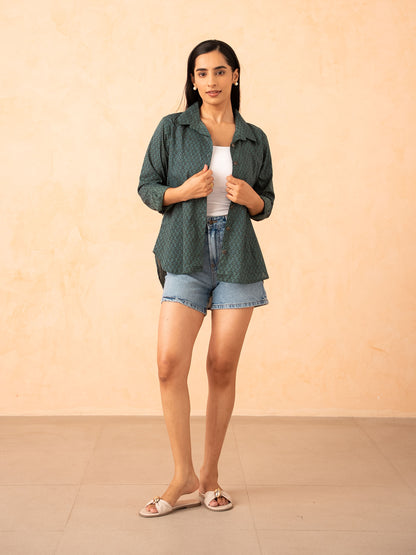 Teal Blue Motif Print Relaxed Cotton Shirt