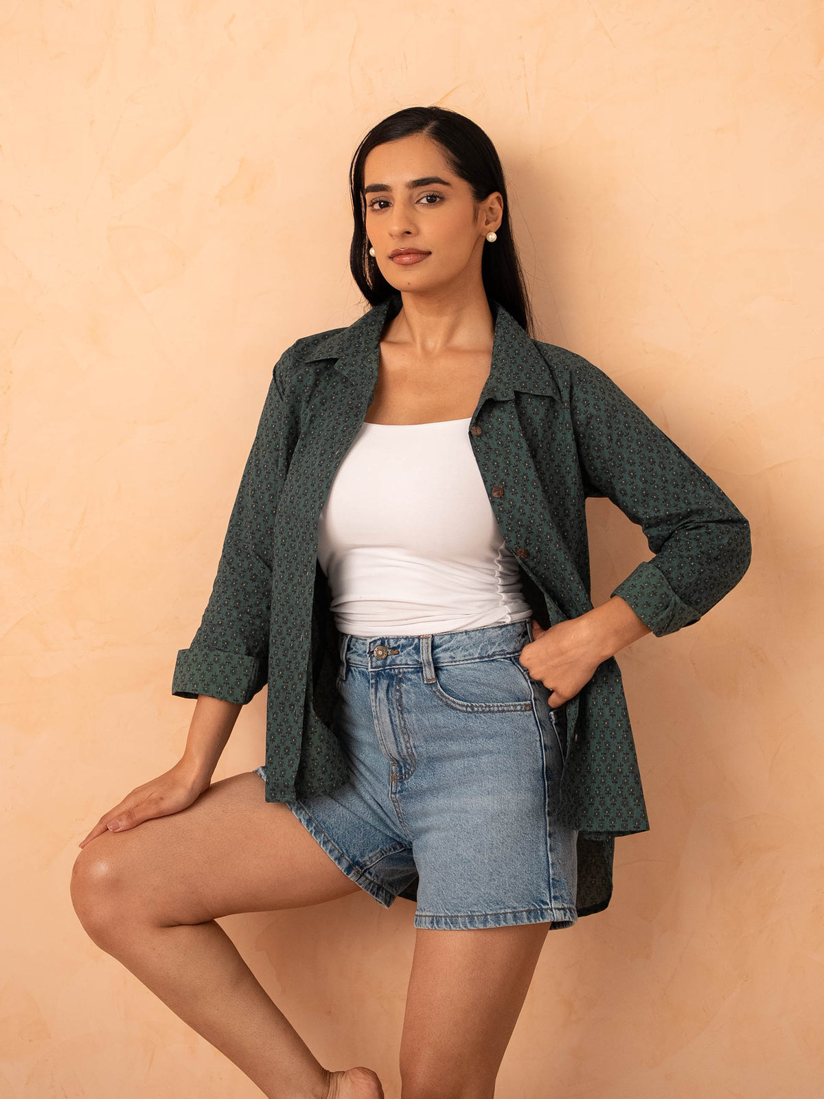 Teal Blue Motif Print Relaxed Cotton Shirt