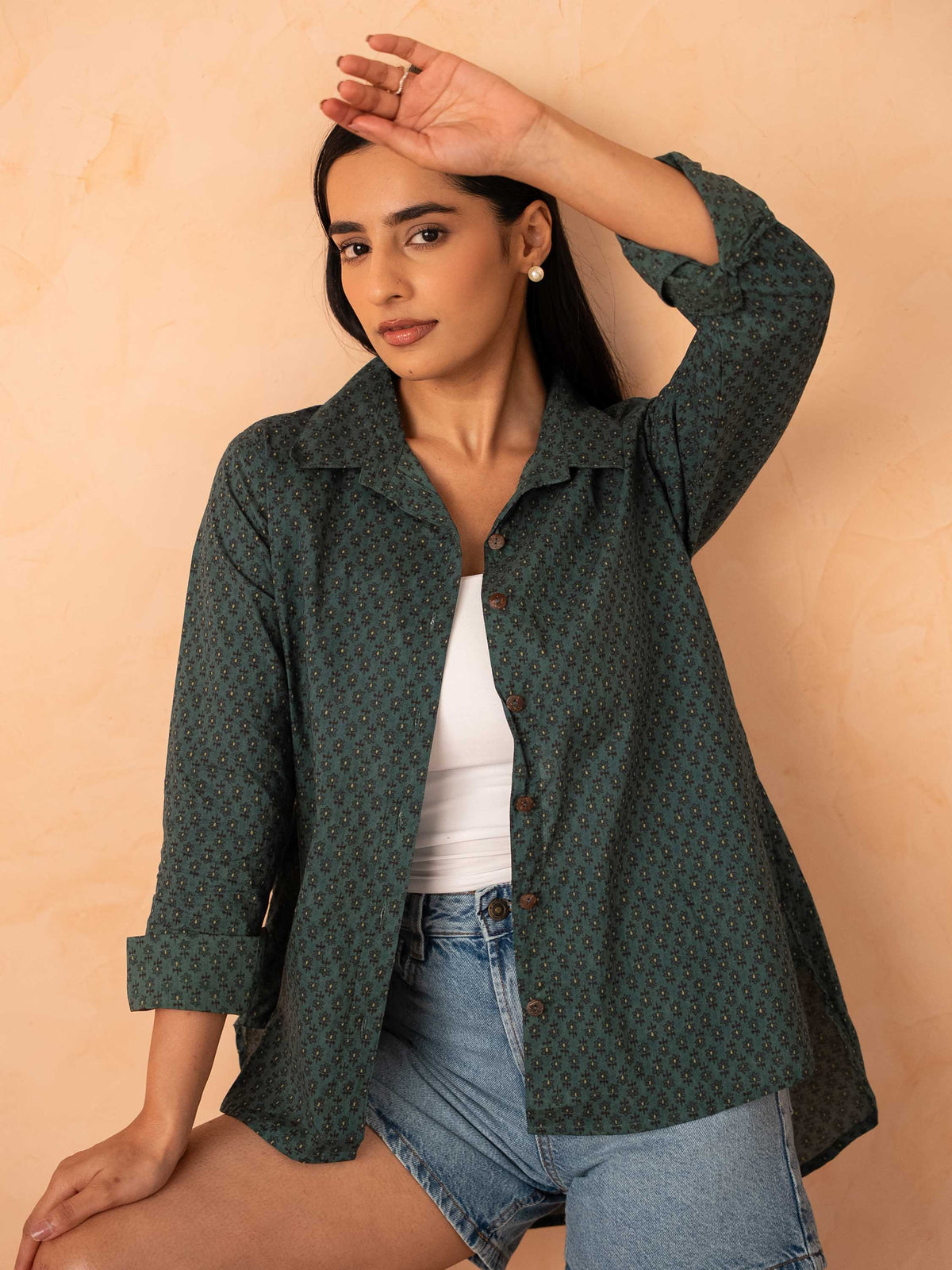 Teal Blue Motif Print Relaxed Cotton Shirt