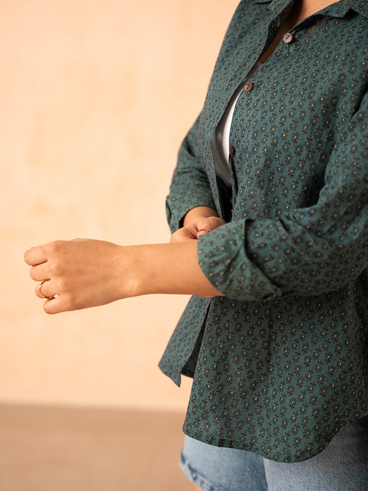 Teal Blue Motif Print Relaxed Cotton Shirt