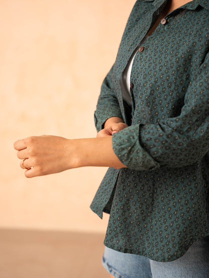 Teal Blue Motif Print Relaxed Cotton Shirt