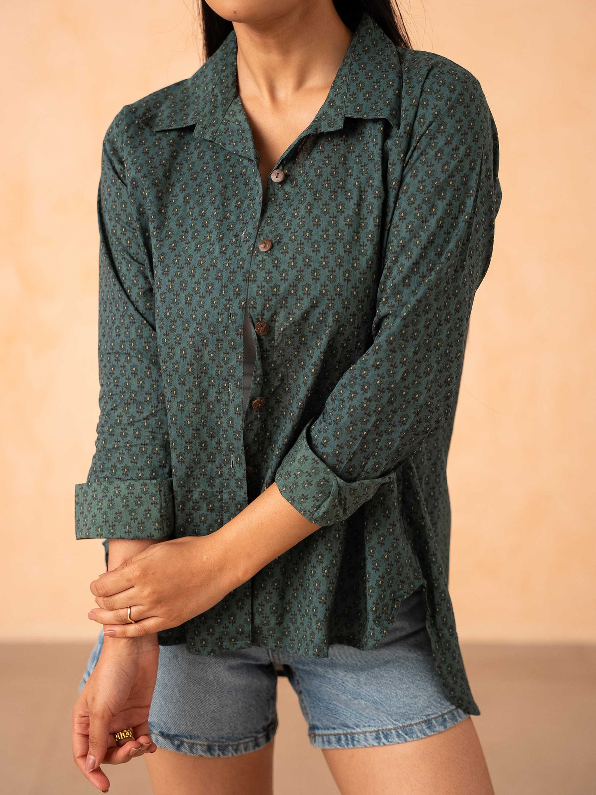 Teal Blue Motif Print Relaxed Cotton Shirt