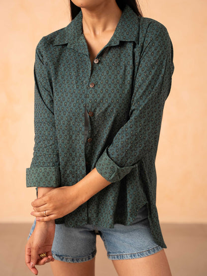 Teal Blue Motif Print Relaxed Cotton Shirt