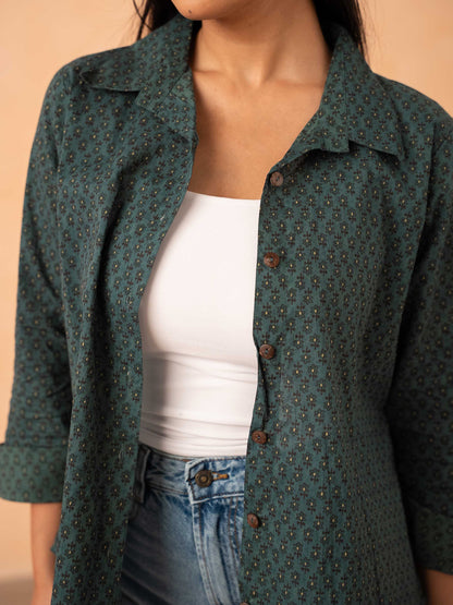 Teal Blue Motif Print Relaxed Cotton Shirt