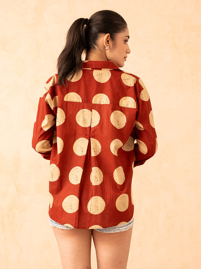 Rust Brown Polka Dot Print Relaxed Cotton Shirt