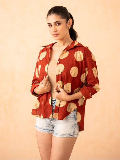 Rust Brown Polka Dot Print Relaxed Cotton Shirt