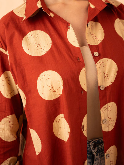 Rust Brown Polka Dot Print Relaxed Cotton Shirt