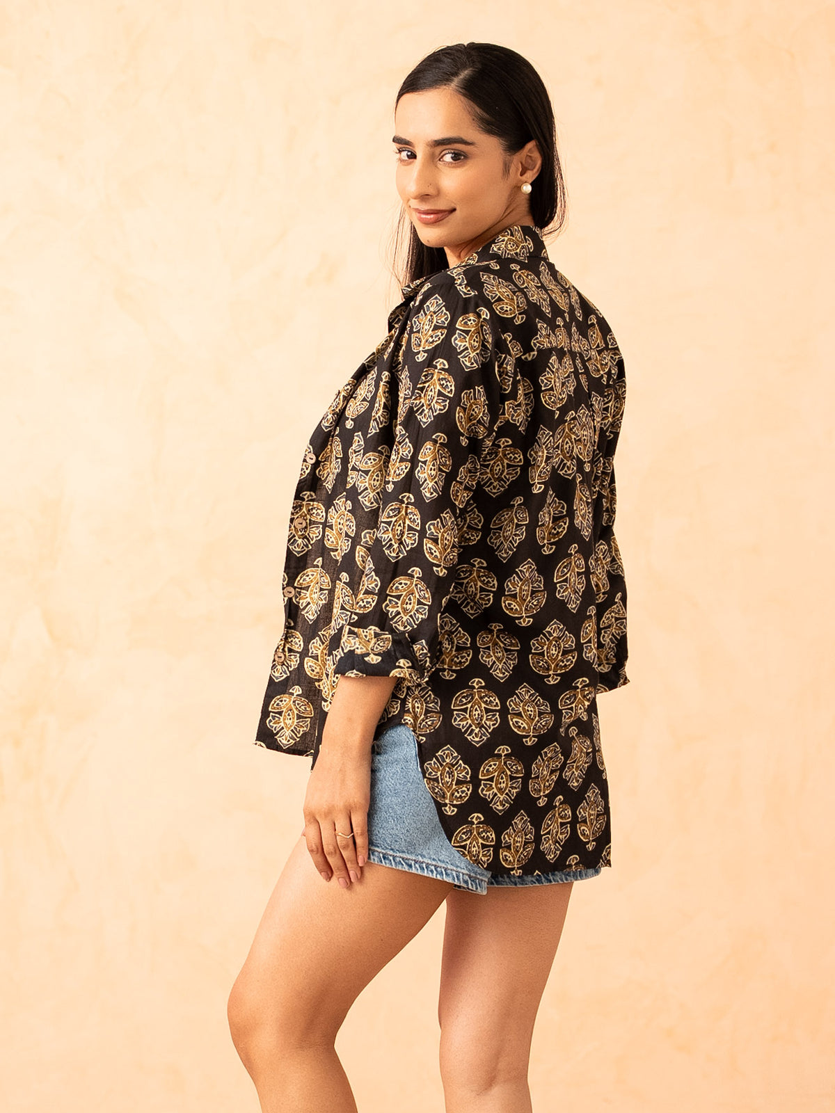 Black Motif Print Relaxed Cotton Shirt