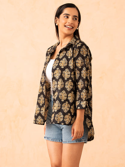 Black Motif Print Relaxed Cotton Shirt