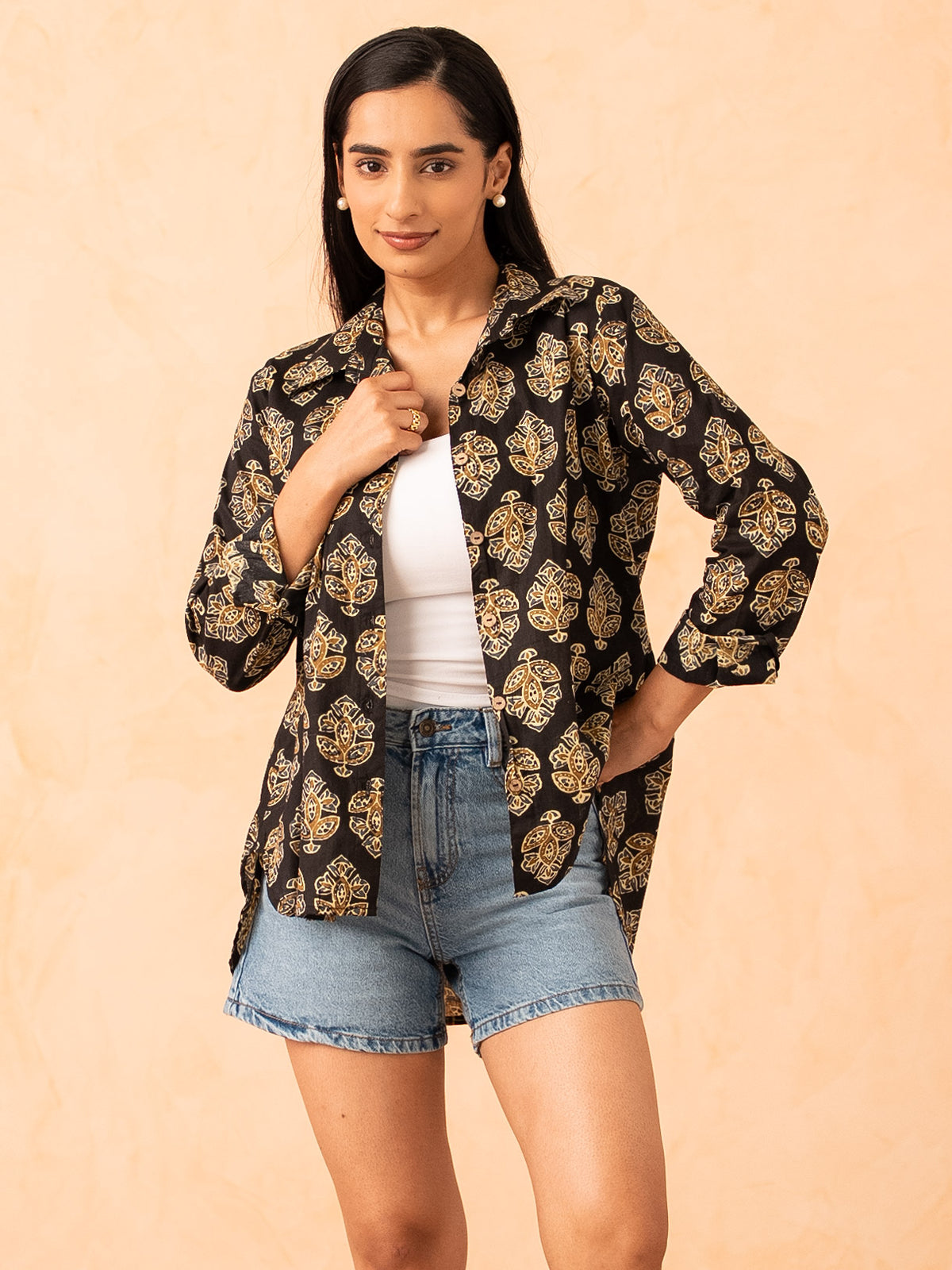 Black Motif Print Relaxed Cotton Shirt