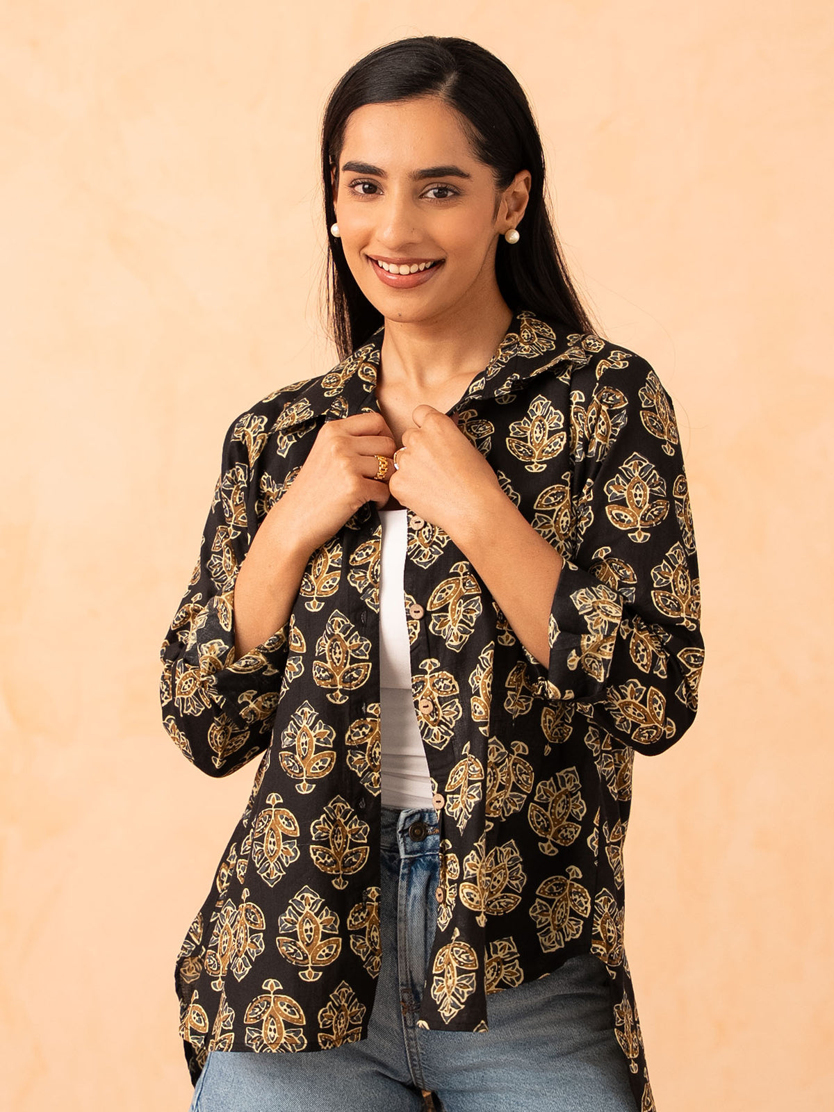 Black Motif Print Relaxed Cotton Shirt