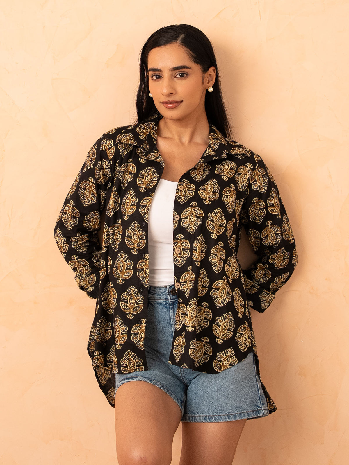 Black Motif Print Relaxed Cotton Shirt