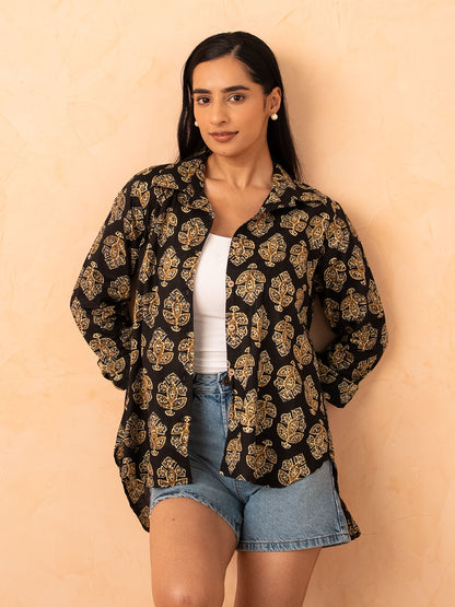 Black Motif Print Relaxed Cotton Shirt