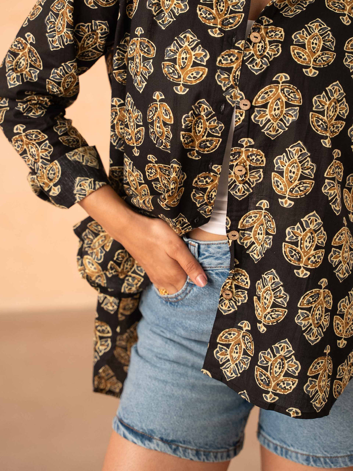 Black Motif Print Relaxed Cotton Shirt