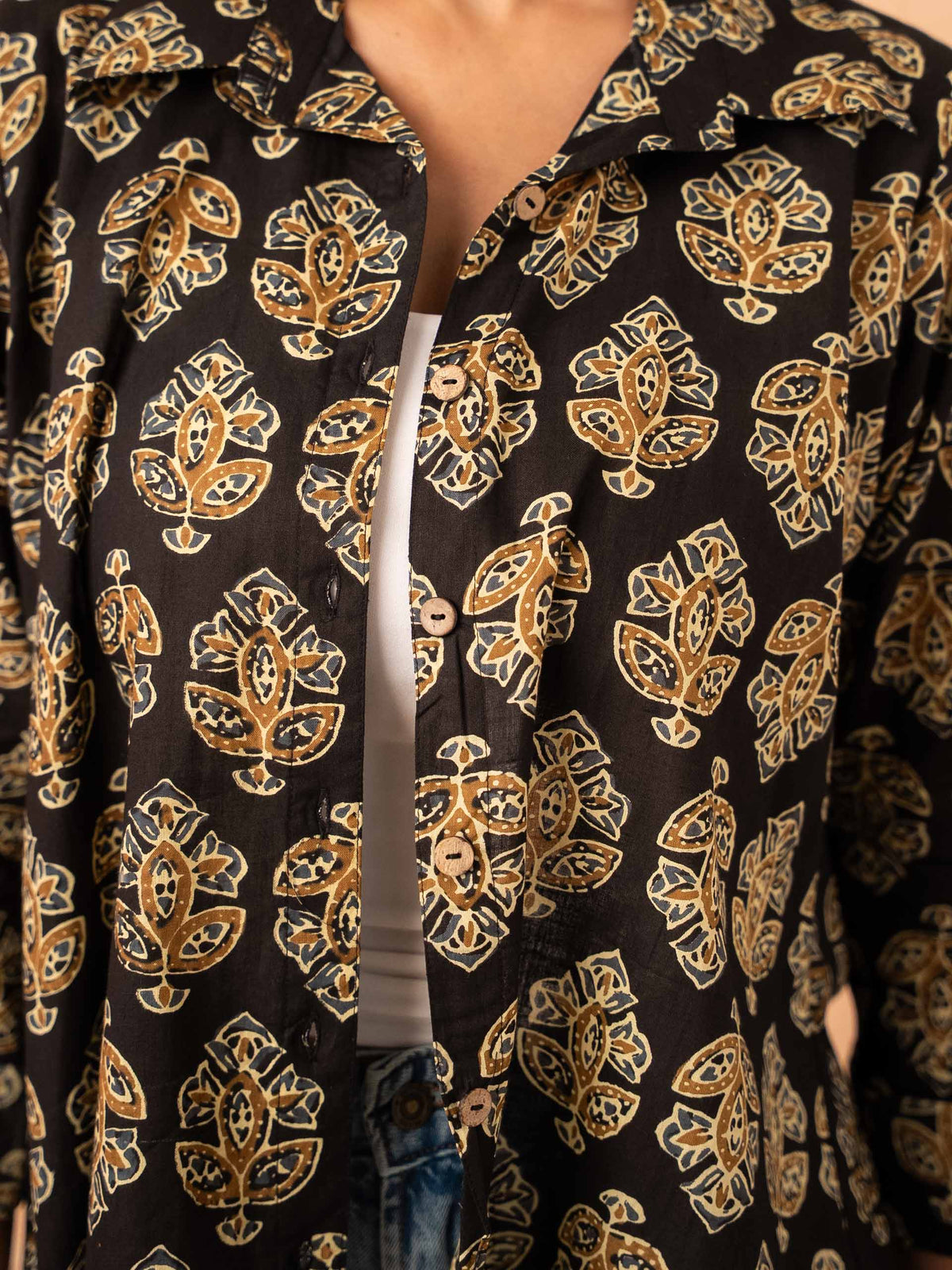 Black Motif Print Relaxed Cotton Shirt