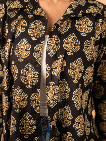 Black Motif Print Relaxed Cotton Shirt