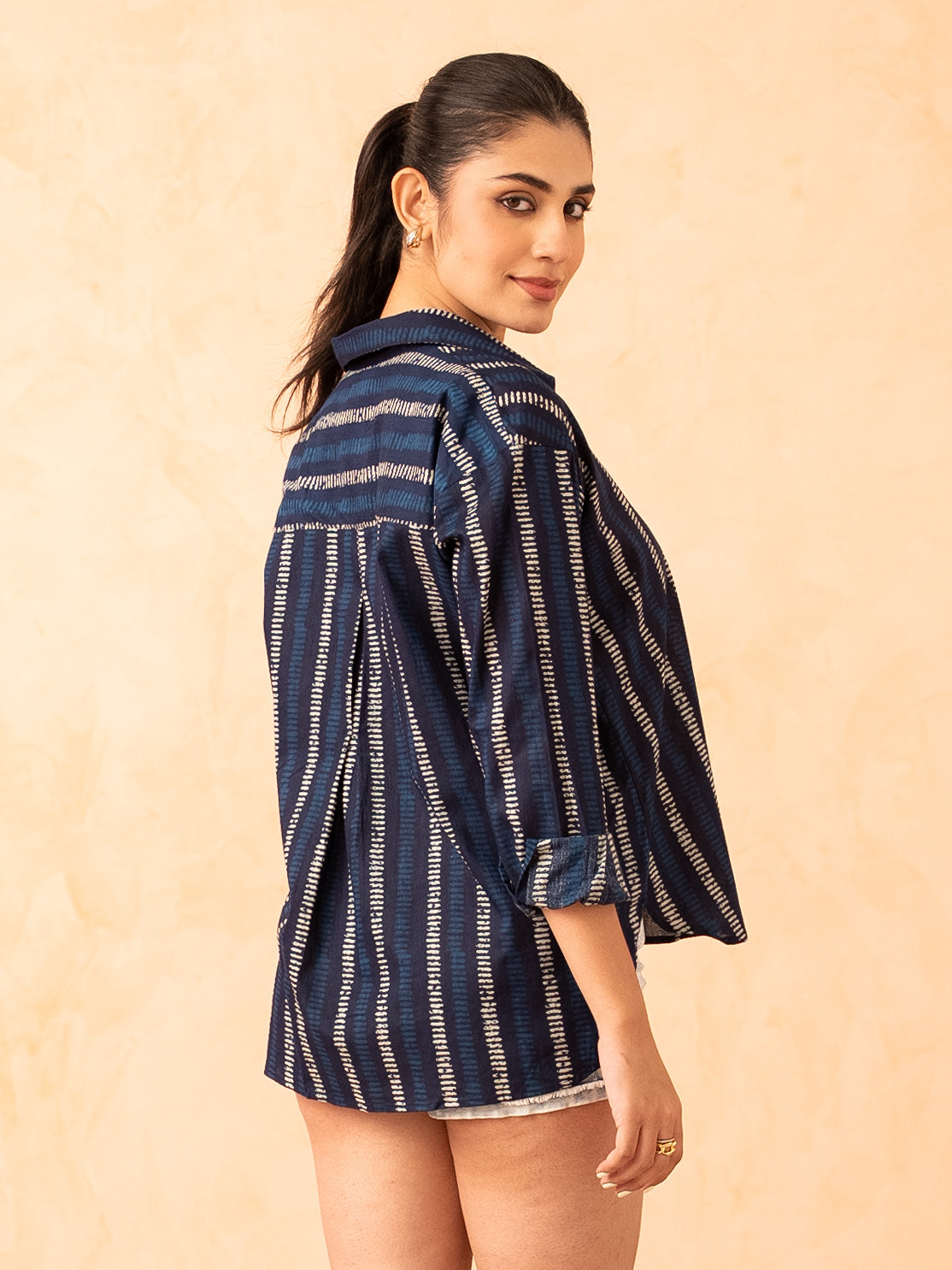Navy Blue Striped Print Relaxed Cotton Shirt