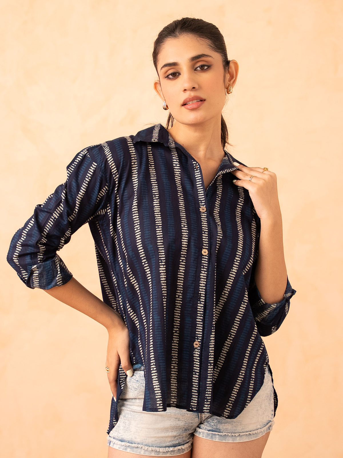 Navy Blue Striped Print Relaxed Cotton Shirt