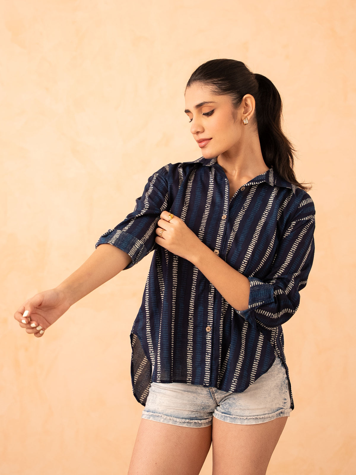 Navy Blue Striped Print Relaxed Cotton Shirt
