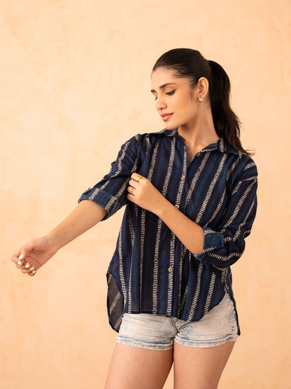 Navy Blue Striped Print Relaxed Cotton Shirt