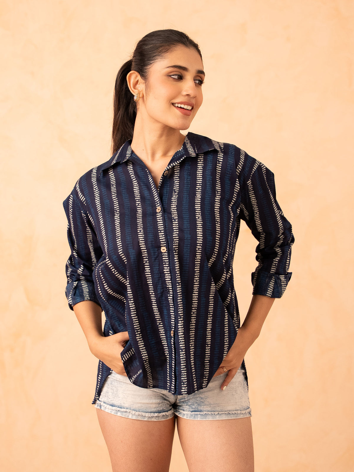 Navy Blue Striped Print Relaxed Cotton Shirt